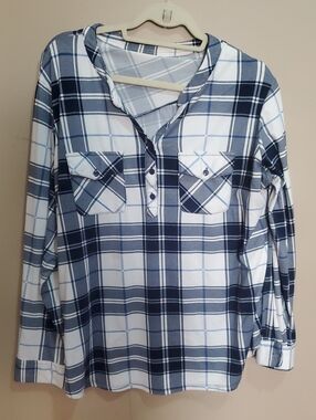 Blue and White Plaid Button-Front Tunic Size Xl